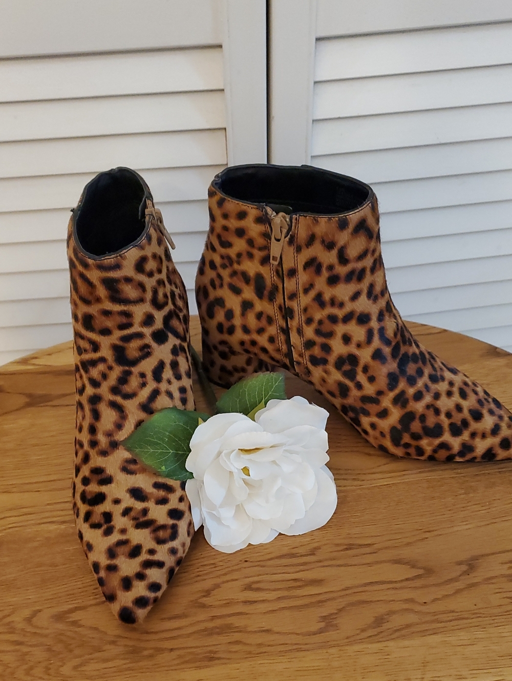 Alex Marie Leather Calf Hair Leopard Print Side Zip Boots Booties, 6.5 M